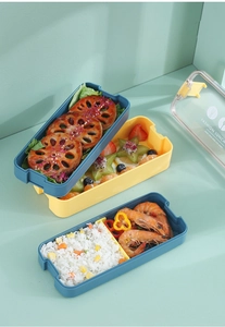 Boîte à bento à trois couches avec compartiments bleu et jaune et couvercle clair