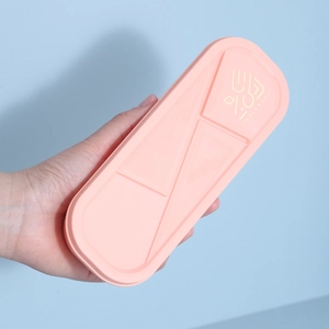 Pink portable plastic cutlery case with golden tableware logo for travel and picnic