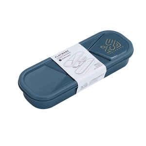 Portable 3-in-1 plastic cutlery set in dark blue case with spoon fork and chopsticks