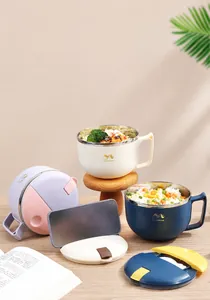 Detail of 304 stainless steel noodle bowl with phone holder lid and heat-resistant handle