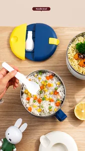 Blue and yellow stainless steel noodle bowl with heat-insulated handle and cutlery lid