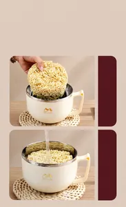 Detailed view of dual-layer 304 stainless steel noodle bowl holding two noodle cakes