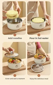 Detailed four-step guide for using the insulated stainless steel noodle bowl with bear handle