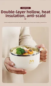 Macro view of insulated double-wall noodle bowl with stainless steel liner and handle