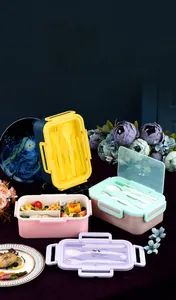 Detailed view of divided bento box sections and built-in cutlery storage set