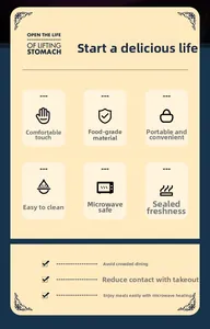 Detail icons showing microwave safe, food-grade material and leak-proof seal features