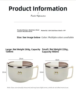 Size comparison of 1200ml and 900ml stainless steel noodle bowls with detailed dimensions