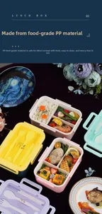 Three-grid plastic bento box with built-in cutlery storage and Morandi color design