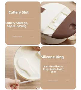 Detail of portable lunch box showing cutlery storage slot and leak-proof silicone seal ring