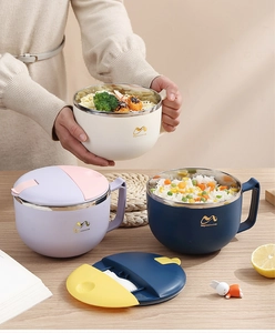 Detail showing 304 stainless steel lunch box with utensil storage lid and sturdy handle