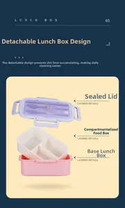 Three-layer bento box detail showing purple lid, white tray and pink bottom container