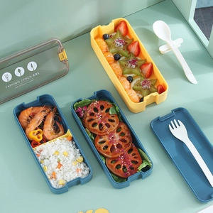 Boîte à déjeuner bento portable à trois couches avec couverts et compartiments bleu et jaune