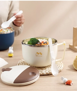 Close-up of beige 304 stainless steel noodle bowl set with lid and folding fork spoon
