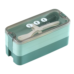 Boîte à déjeuner portable à trois couches vert menthe avec couverts et design micro-ondes