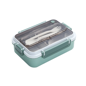 Three-layer light green 304 stainless steel lunch box with cutlery storage and utensils