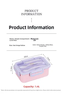 Detail view of 1.4L purple bento box with 3 compartments and cutlery set dimensions