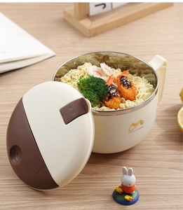 Detail of insulated 304 stainless steel noodle bowl with leak-proof lid and handle