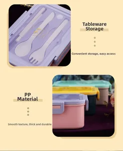 Detail of portable bento box lid with built-in cutlery storage for spoons and forks
