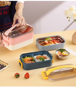 Détail de la boîte bento double couche en inox avec couvercle étanche et poignée