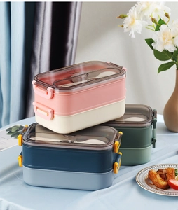 Détail de la boîte bento double couche avec rangement pour couverts et boucles latérales