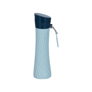 Collapsible silicone sports water bottle with dual-tone blue design and carabiner clip
