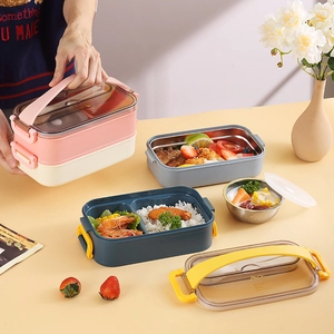 Boîte à Déjeuner Double Couche Acier Inoxydable 304 Compatible Micro-Ondes Bento Avec Bol Soupe Récipient Portable Bureau École