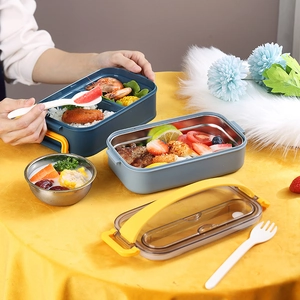 Boîte bento double couche en acier inoxydable avec couverts et poignée de transport