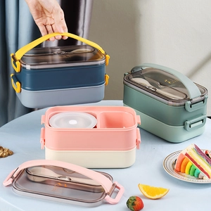 Boîte à bento double couche avec poignée et fente pour couverts, tons pastels