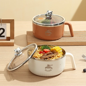 Insulated stainless steel noodle bowl with transparent lid and bear handle in orange and white