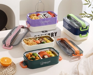 Vue détaillée de la boîte à lunch en inox à deux couches avec porte-couverts et poignée