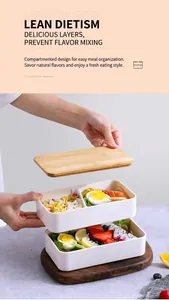 Double-layer bento box with bamboo lid featuring internal compartments for food storage