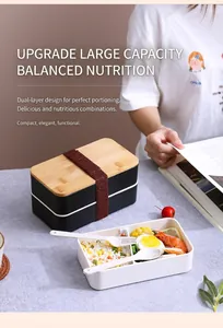 Detail of double-layer lunch box with bamboo lid, elastic band, and eco-friendly cutlery set