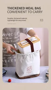 Canvas lunch bag with drawstring and double-layer bento box with wooden lid