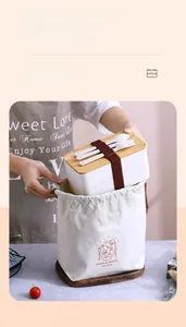 Canvas lunch bag with drawstring and double-layer bento box with wooden lid