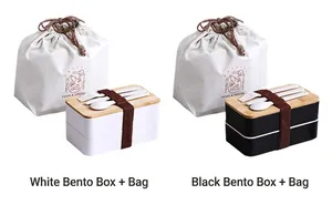 Double-layer bento boxes with bamboo lids, utensils, and drawstring food storage bags