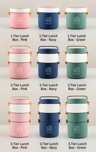 Detailed comparison of multi-layer portable lunch boxes in pink, blue, and green finishes