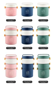 Detailed comparison of multi-layer portable lunch boxes in pink, blue, and green finishes