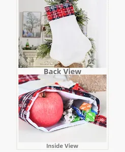 Detail view of plaid Christmas stockings showing spacious opening for gifts and back design