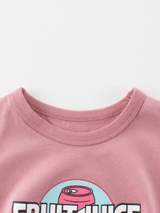 Pink cotton kids T-shirt with Fruit Juice cartoon print and ribbed crew neck details