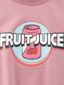 Pink cotton t-shirt for girls featuring a strawberry fruit juice cartoon print