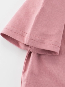 Pink cartoon cotton kids T-shirt featuring high-quality double-stitch hem and sleeve details