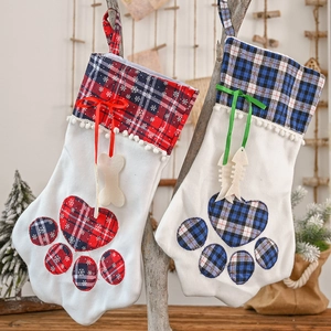 Christmas pet stocking set with red and blue plaid paw prints and bone fish charms
