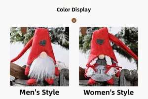 Side-by-side display of male and female Christmas gnomes with grey hearts on red hats