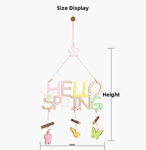 Size display of Hello Spring wooden sign with birds and flowers detail showing dimensions