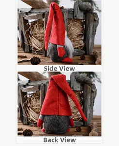 Side and back view of a Christmas gnome plush with red felt hat and white fiber beard