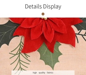 Detail display of 3D velvet poinsettia flower on linen fabric for Christmas decoration