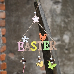 Rustic wooden Easter hanging ornament with colorful letters and floral accents on wood post
