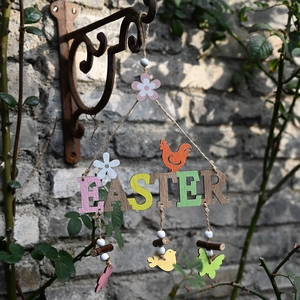 Easter wooden hanging sign with colorful letters and bird floral pendants for spring decor