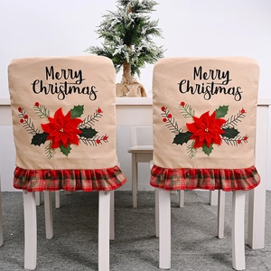Linen Christmas chair covers with red poinsettia and Merry Christmas print