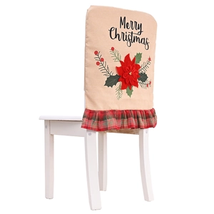 Linen Christmas chair cover with Merry Christmas text and red poinsettia flower